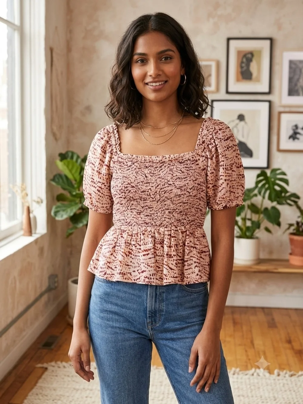 Old Navy Dusty Pink Smocked Peplum Square-Neck Top. WS 148